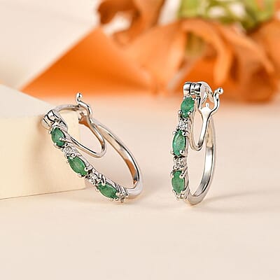 Kagem Zambian Emerald and White Zircon Hoop Earrings in Platinum Over Sterling Silver 0.65 ctw