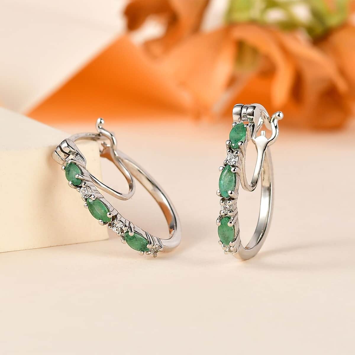 Kagem Zambian Emerald and White Zircon Hoop Earrings in Platinum Over Sterling Silver 0.65 ctw image number 1