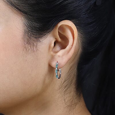 Kagem Zambian Emerald and White Zircon Hoop Earrings in Platinum Over Sterling Silver 0.65 ctw
