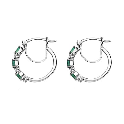 Kagem Zambian Emerald and White Zircon Hoop Earrings in Platinum Over Sterling Silver 0.65 ctw