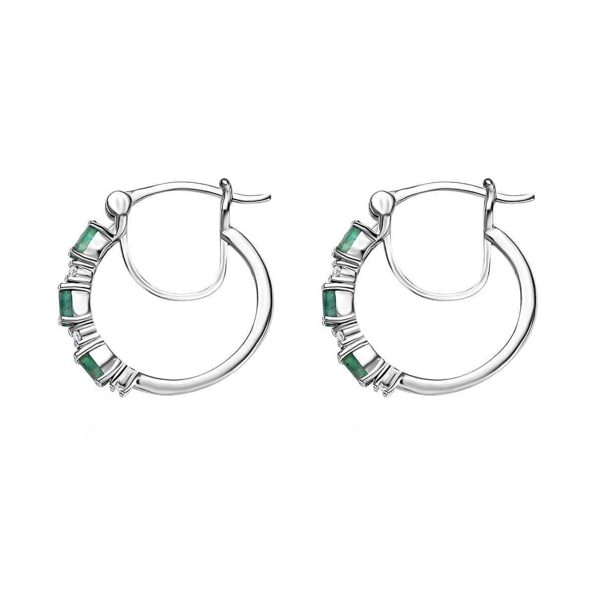 Kagem Zambian Emerald and White Zircon Hoop Earrings in Platinum Over Sterling Silver 0.65 ctw image number 3