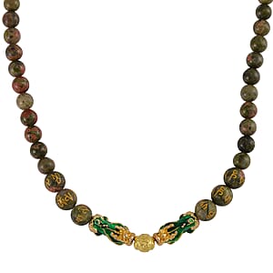 Feng Shui Unakite Beaded Pixiu Necklace 18-20 Inches in Goldtone 190.00 ctw