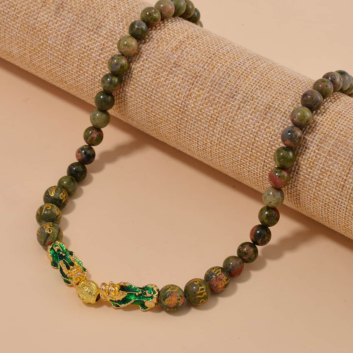 Feng Shui Unakite Beaded Pixiu Necklace 18-20 Inches in Goldtone 190.00 ctw image number 1