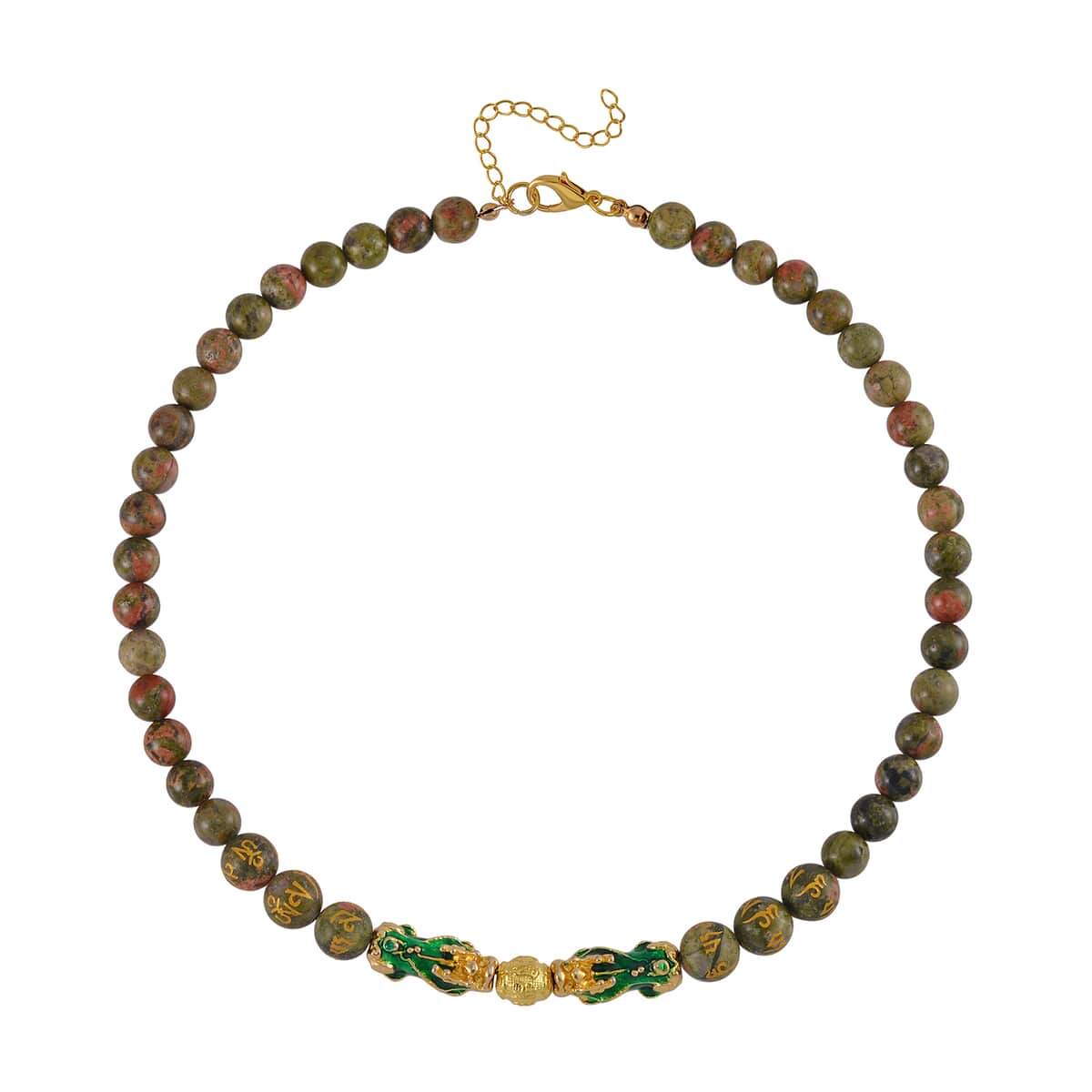 Feng Shui Unakite Beaded Pixiu Necklace 18-20 Inches in Goldtone 190.00 ctw image number 2