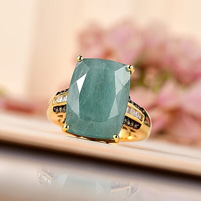 Premium Grandidierite, Natural Champagne and White Diamond Ring in Vermeil Yellow Gold Over Sterling Silver (Size 6.0) 11.40 ctw
