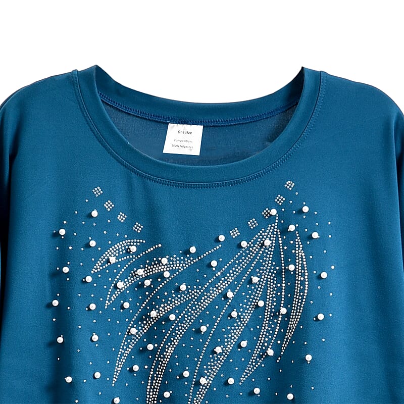 Tamsy Turquoise Blue Wave Bat Wing Polyester Short Sleeve Shirt - One Size Fits Up to XLarge