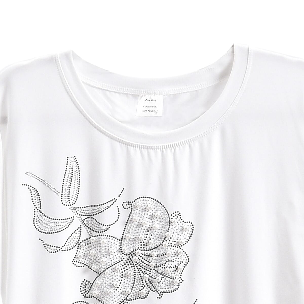 Tamsy White Floral Bat Wing Polyester Knit Sleeve Shirt - One Size Fits Up to XLarge image number 2