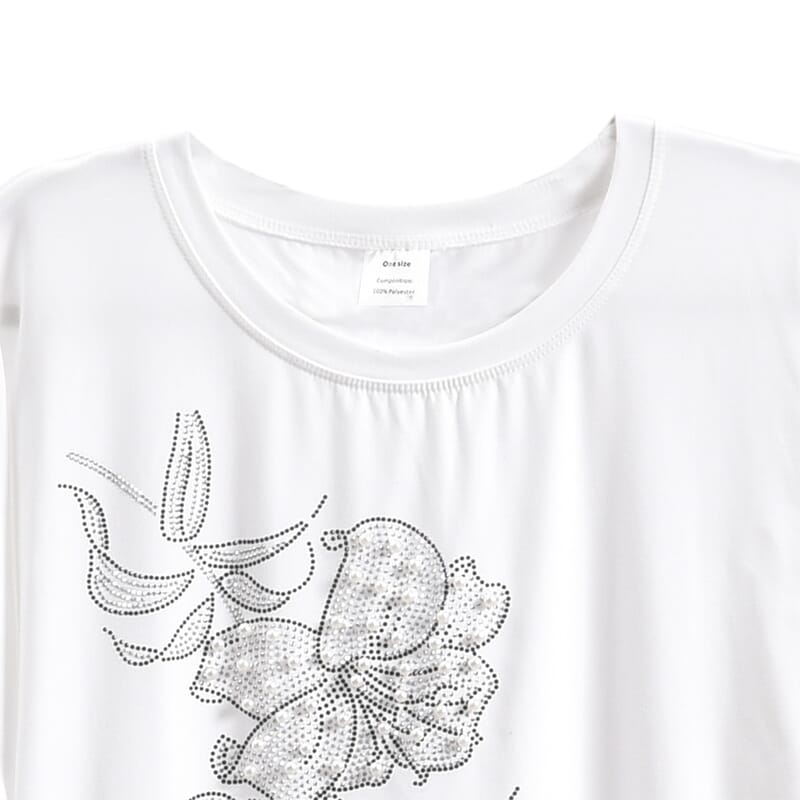 Tamsy White Floral Bat Wing Polyester Knit Sleeve Shirt - One Size Fits Up to XLarge
