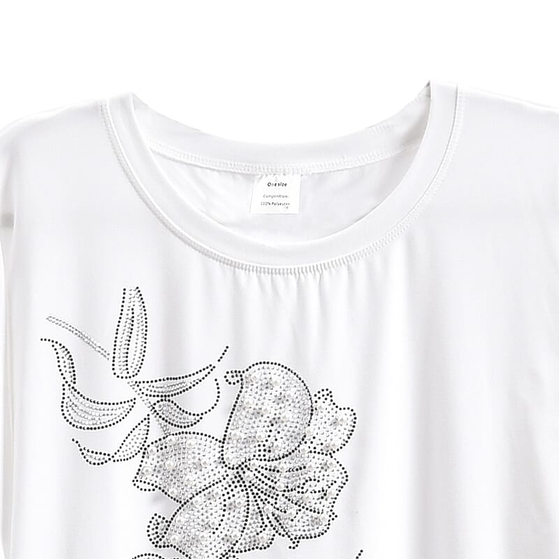 Tamsy White Floral Bat Wing Polyester Knit Sleeve Shirt - One Size Fits Up to XLarge