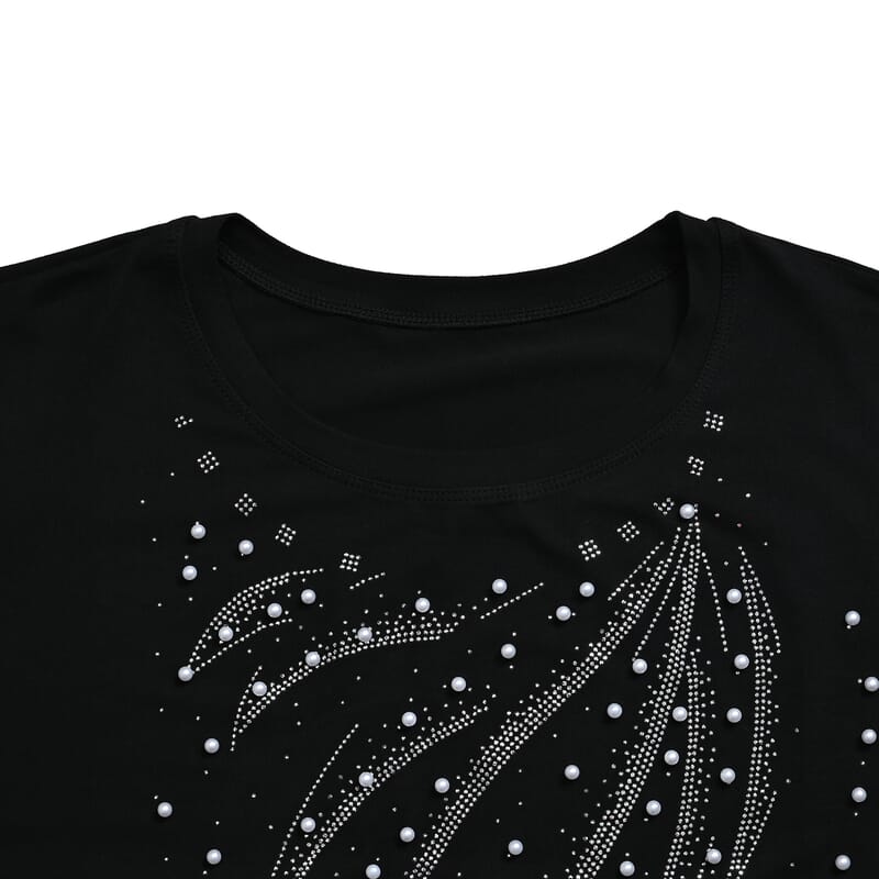 Black Wave Crystal Bejeweled Bat Wing Short Sleeve Shirt - One Size Fits Most