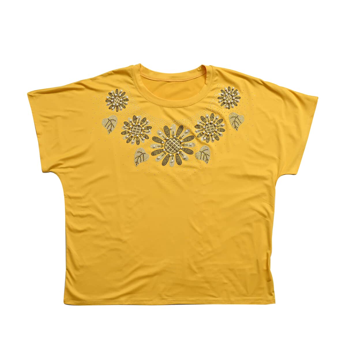 Yellow Daisy Crystal Bejeweled Bat Wing Short Sleeve Shirt - One Size Fits Most image number 0