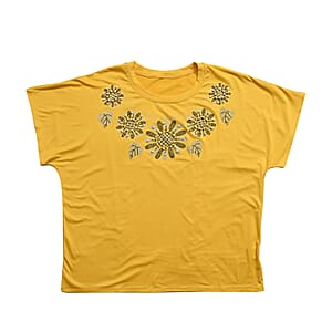 Yellow Daisy Crystal Bejeweled Bat Wing Short Sleeve Shirt - One Size Fits Most