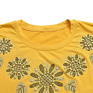 Yellow Daisy Crystal Bejeweled Bat Wing Short Sleeve Shirt - One Size Fits Most