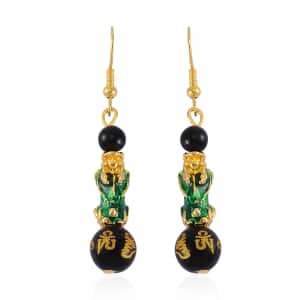 Feng Shui Black Obsidian Beaded Pixiu Earrings in Goldtone 25.00 ctw