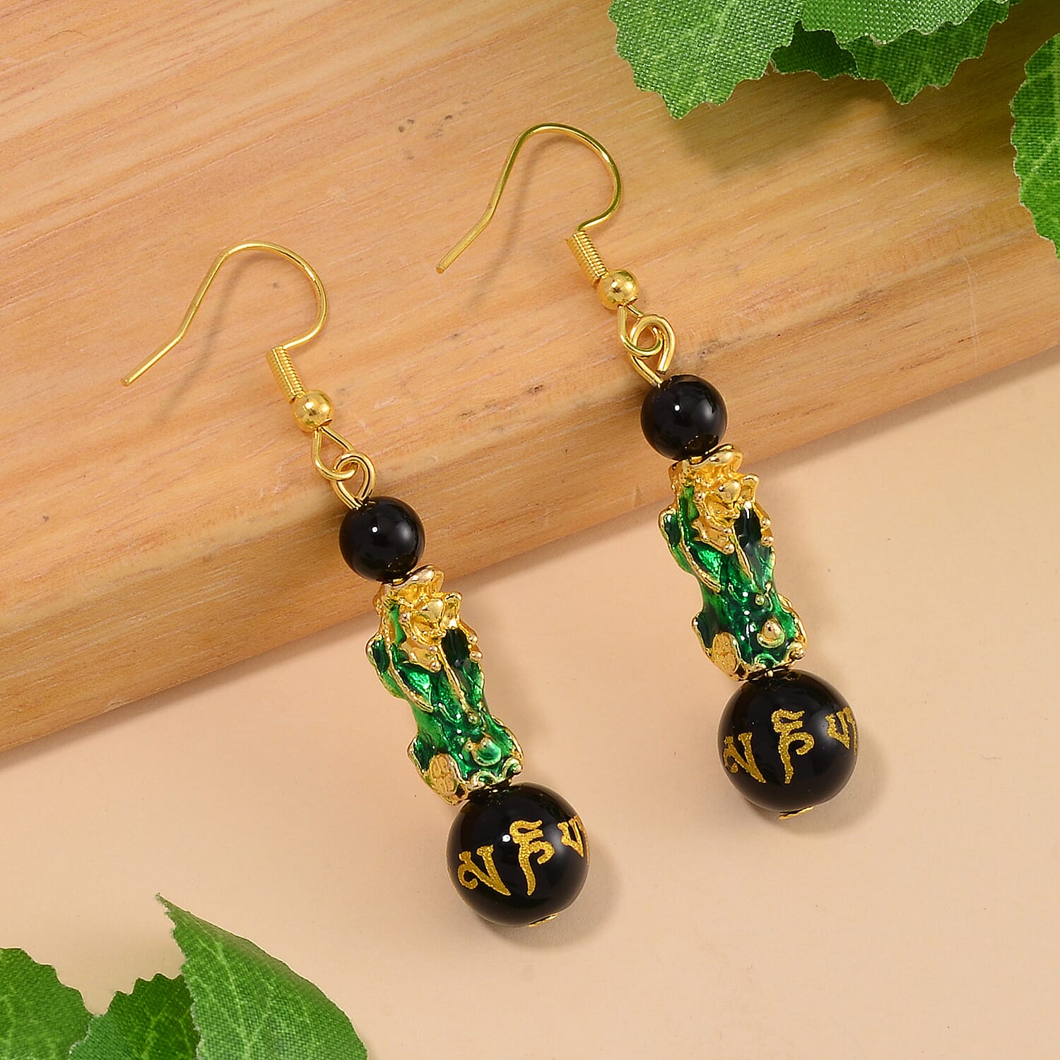 Feng Shui Black Obsidian Beaded Pixiu Earrings in Goldtone 25.00 ctw
