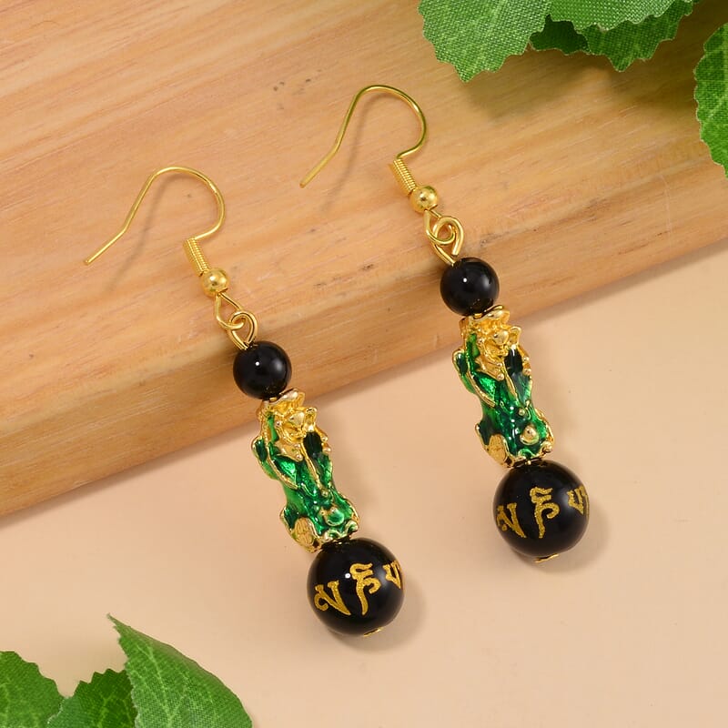Feng Shui Black Obsidian Beaded Pixiu Earrings in Goldtone 25.00 ctw