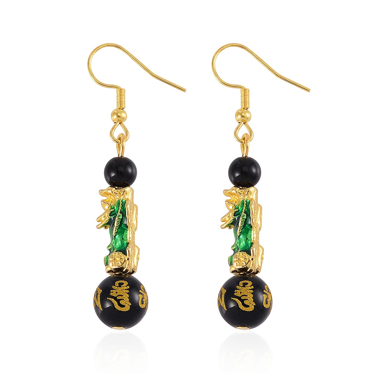 Feng Shui Black Obsidian Beaded Pixiu Earrings in Goldtone 25.00 ctw