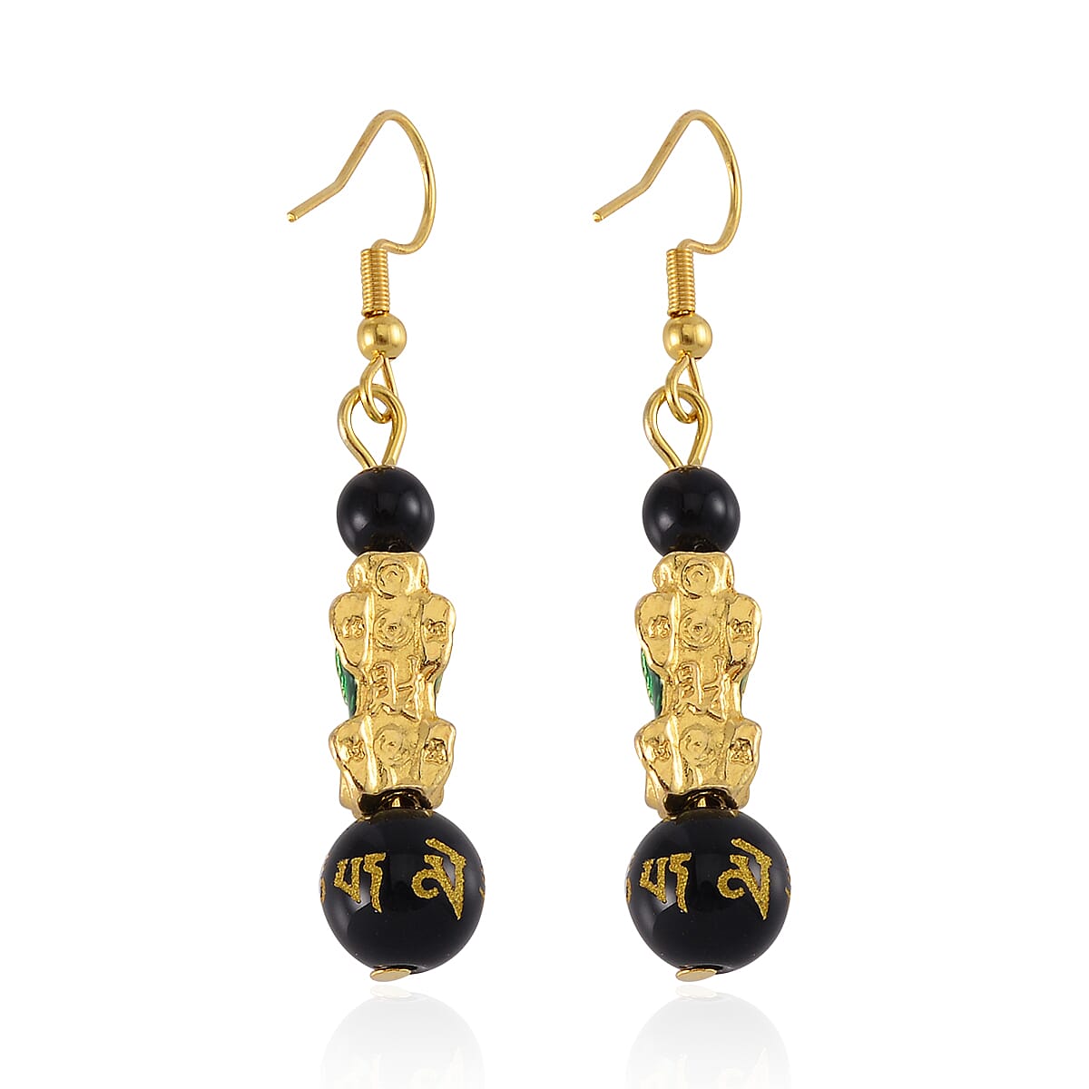 Feng Shui Black Obsidian Beaded Pixiu Earrings in Goldtone 25.00 ctw