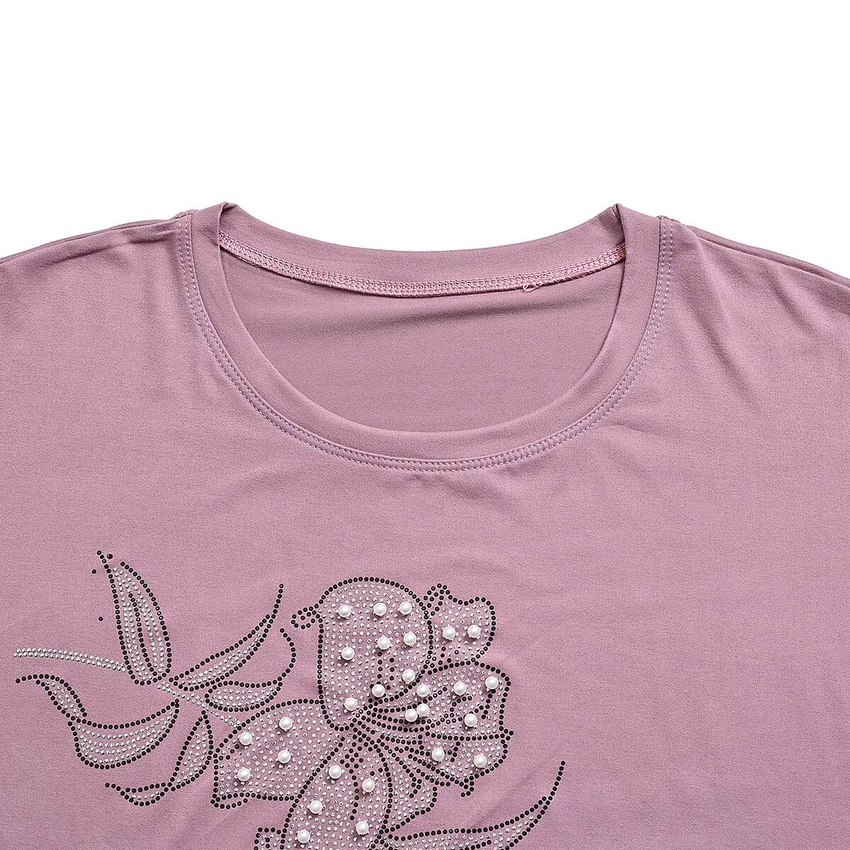 Mauve Floral Crystal Bejeweled Bat Wing Short Sleeve Shirt - One Size Fits Most image number 1