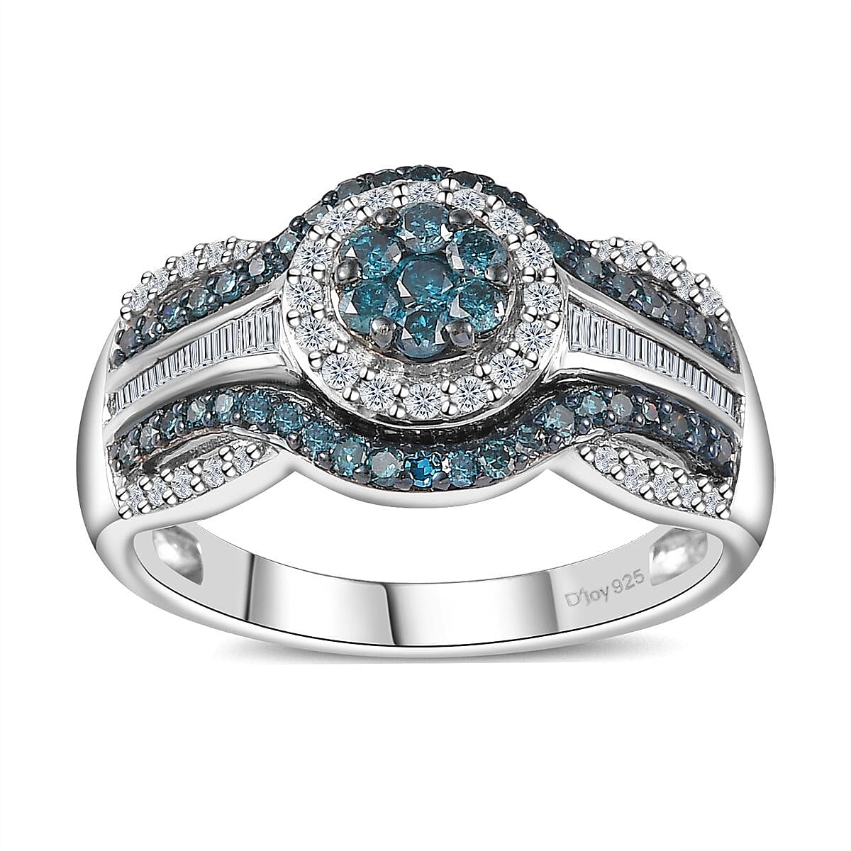 Venice Blue Diamond I2-I3 and White Diamond Ring in Platinum Over Sterling Silver (Size 10.0) 0.75 ctw