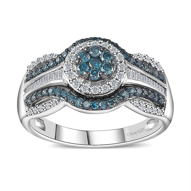 Venice Blue Diamond I2-I3 and White Diamond Ring in Platinum Over Sterling Silver (Size 7.0) 0.75 ctw