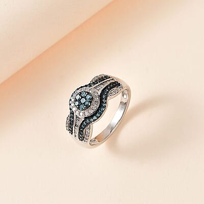 Venice Blue Diamond I2-I3 and White Diamond Ring in Platinum Over Sterling Silver (Size 7.0) 0.75 ctw