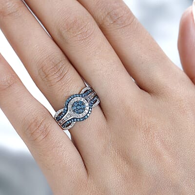 Venice Blue Diamond I2-I3 and White Diamond Ring in Platinum Over Sterling Silver (Size 7.0) 0.75 ctw