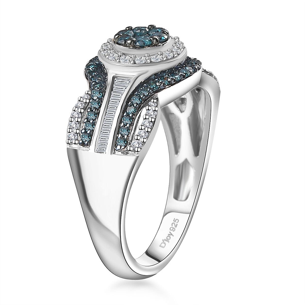 Venice Blue Diamond I2-I3 and White Diamond Ring in Platinum Over Sterling Silver (Size 7.0) 0.75 ctw