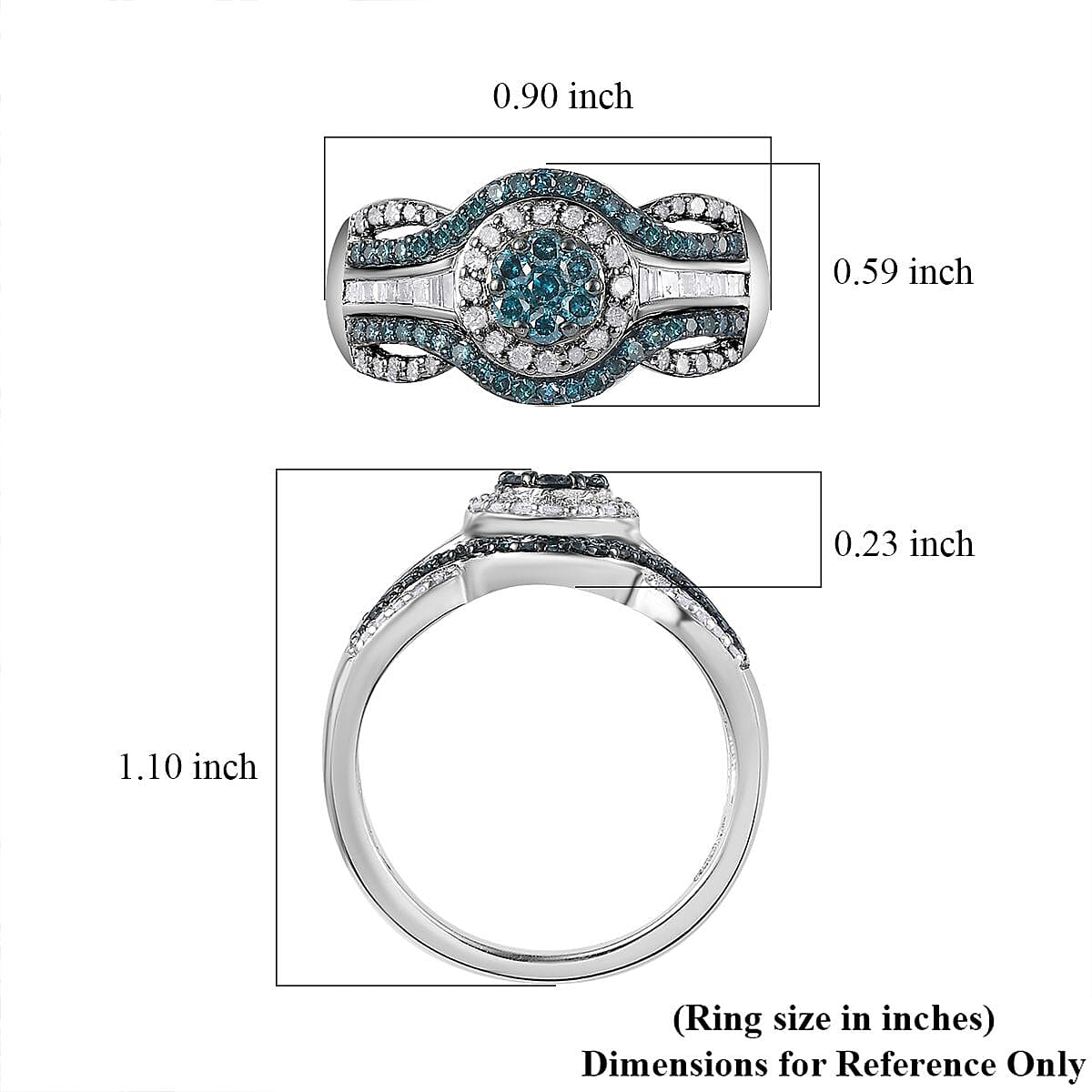 Venice Blue Diamond I2-I3 and White Diamond Ring in Platinum Over Sterling Silver (Size 7.0) 0.75 ctw
