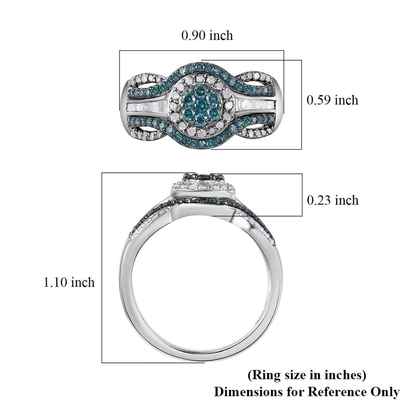 Venice Blue Diamond I2-I3 and White Diamond Ring in Platinum Over Sterling Silver (Size 8.0) 0.75 ctw
