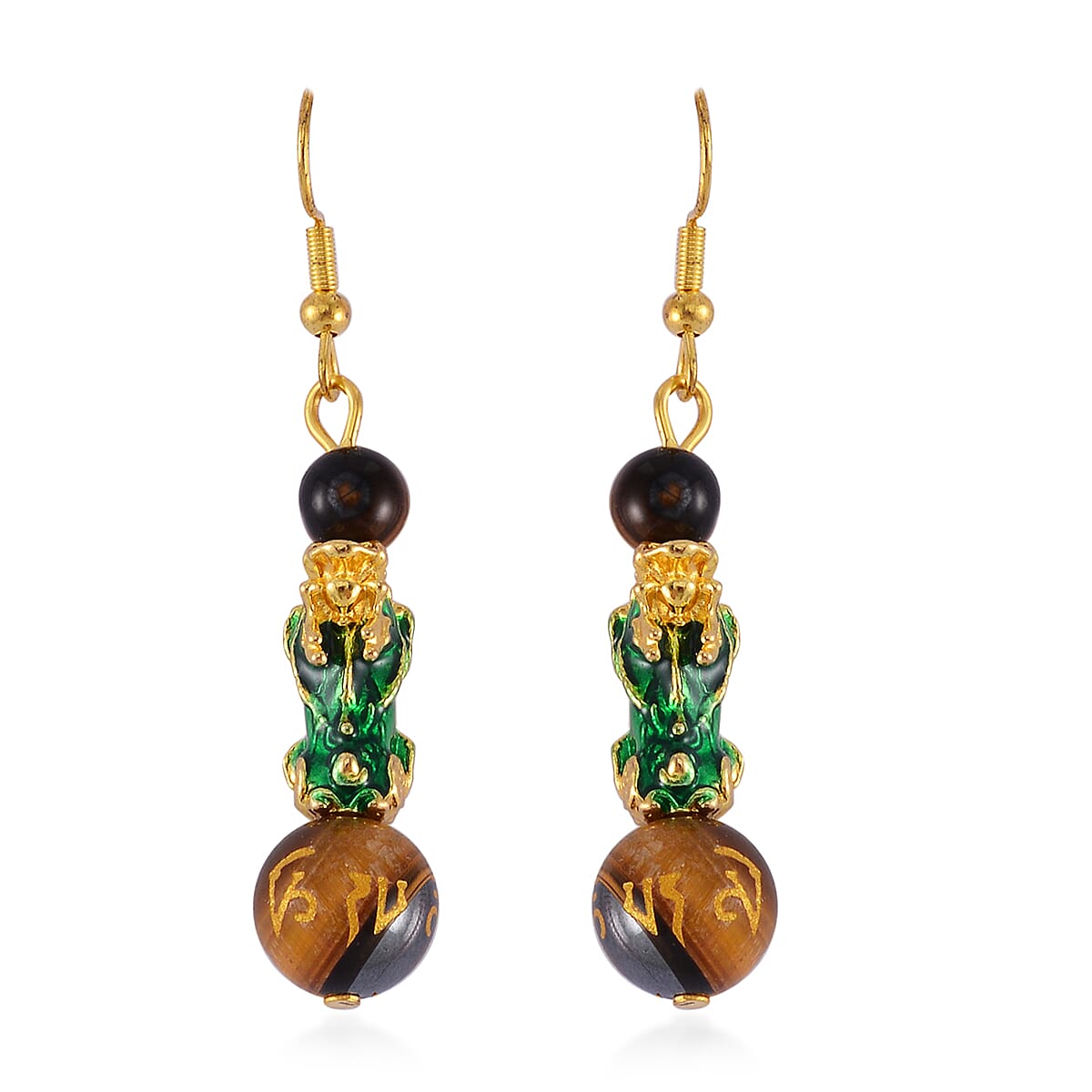 Feng Shui Tigers Eye Beaded Pixiu Earrings in Goldtone 25.00 ctw image number 0