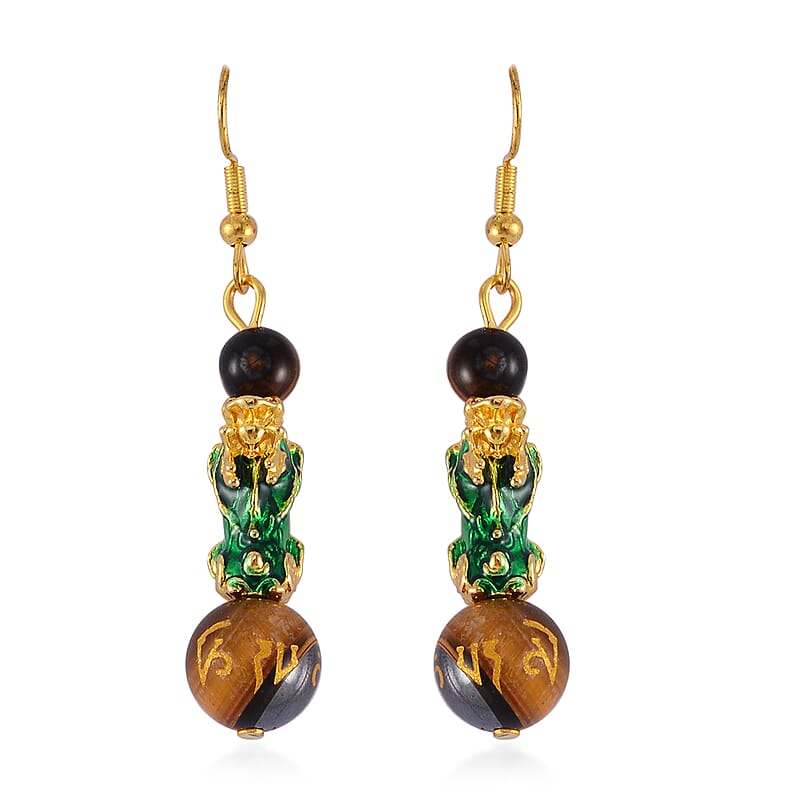 Feng Shui Tigers Eye Beaded Pixiu Earrings in Goldtone 25.00 ctw