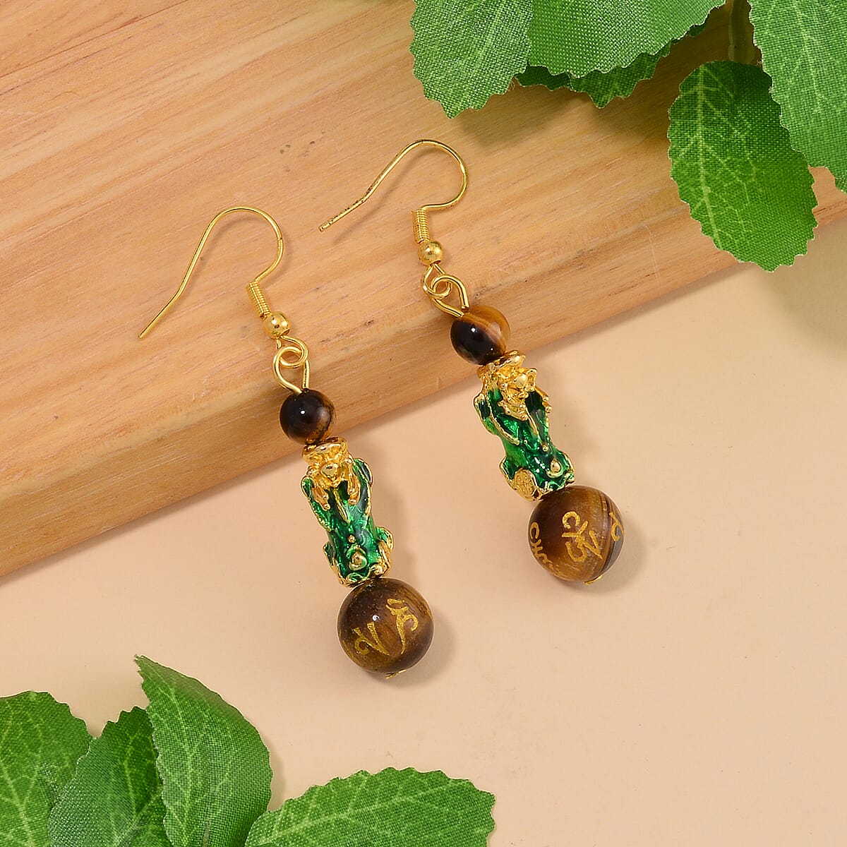 Feng Shui Tigers Eye Beaded Pixiu Earrings in Goldtone 25.00 ctw image number 1