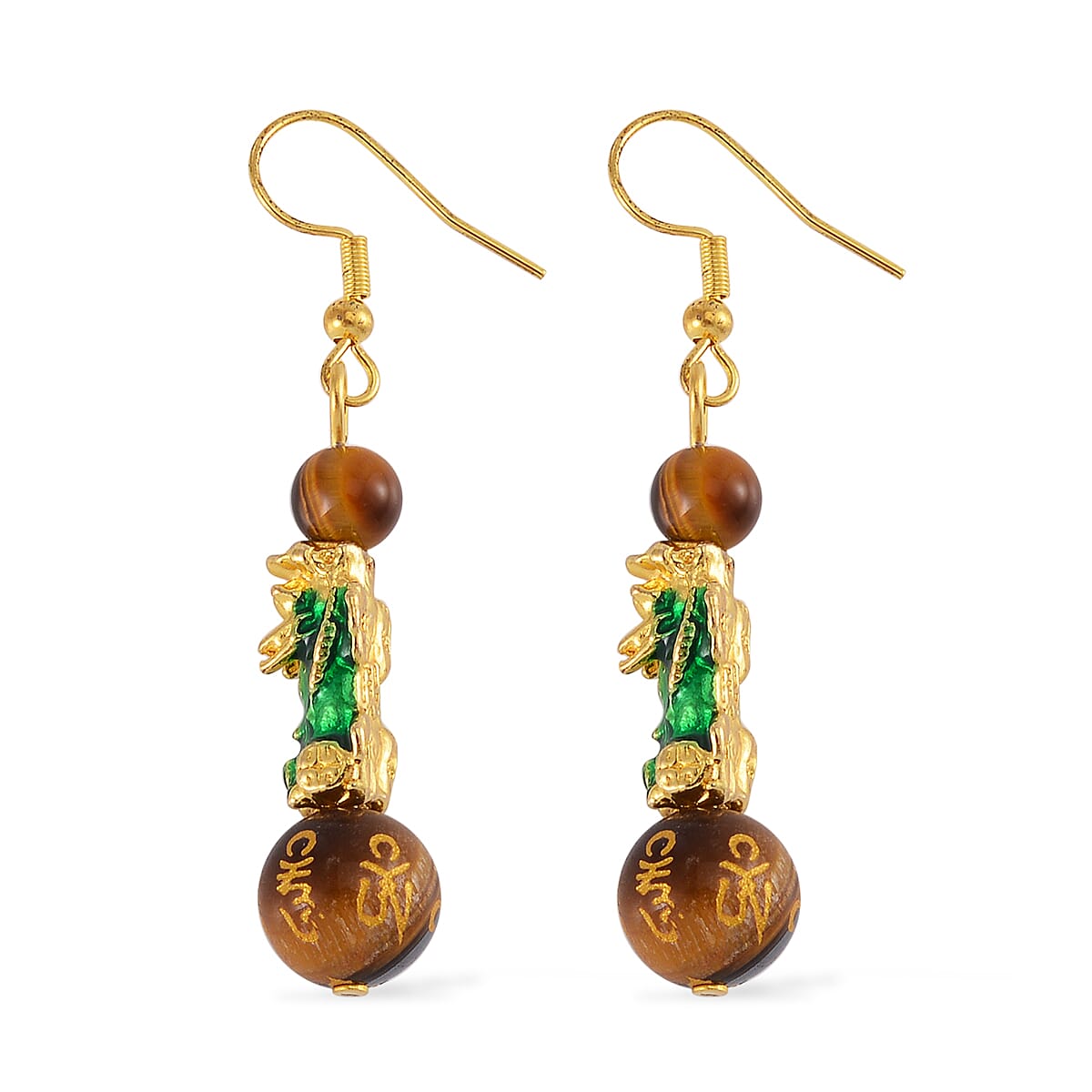 Feng Shui Tigers Eye Beaded Pixiu Earrings in Goldtone 25.00 ctw