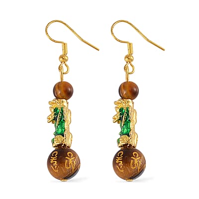 Feng Shui Tigers Eye Beaded Pixiu Earrings in Goldtone 25.00 ctw