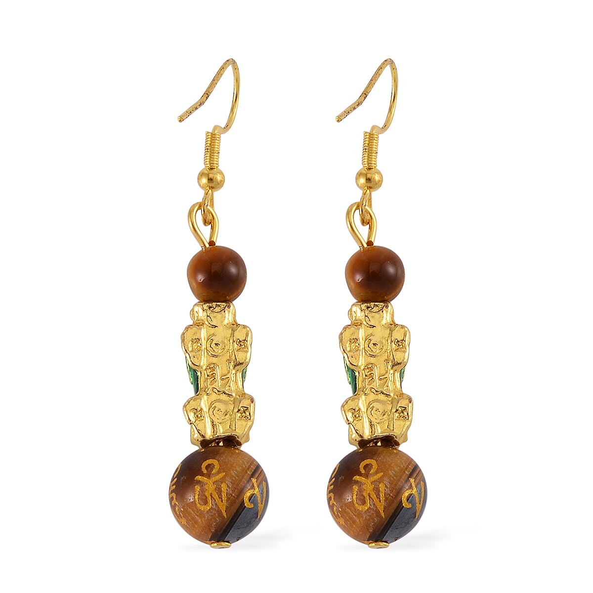 Feng Shui Tigers Eye Beaded Pixiu Earrings in Goldtone 25.00 ctw