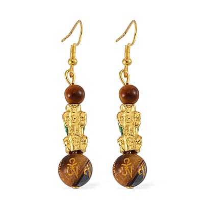 Feng Shui Tigers Eye Beaded Pixiu Earrings in Goldtone 25.00 ctw