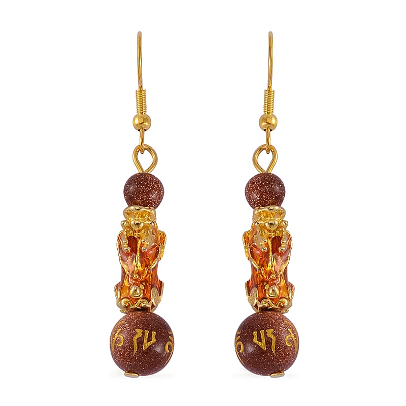 Feng Shui Gold Sandstone Beaded Pixiu Earrings in Goldtone 25.00 ctw