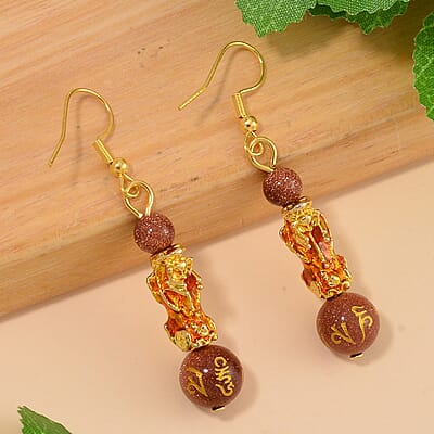 Feng Shui Gold Sandstone Beaded Pixiu Earrings in Goldtone 25.00 ctw