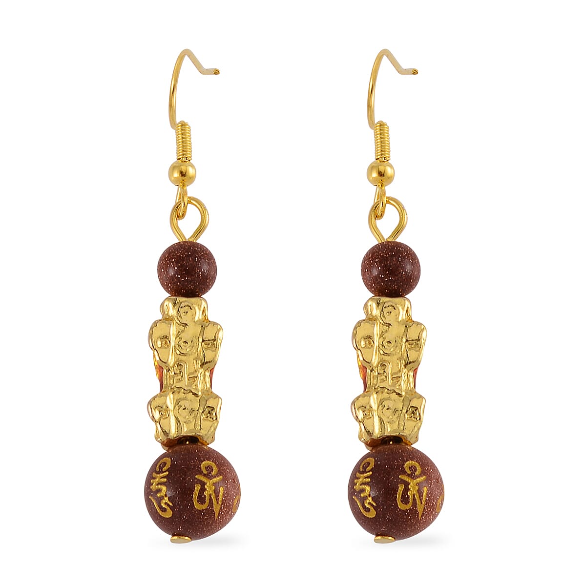 Feng Shui Gold Sandstone Beaded Pixiu Earrings in Goldtone 25.00 ctw