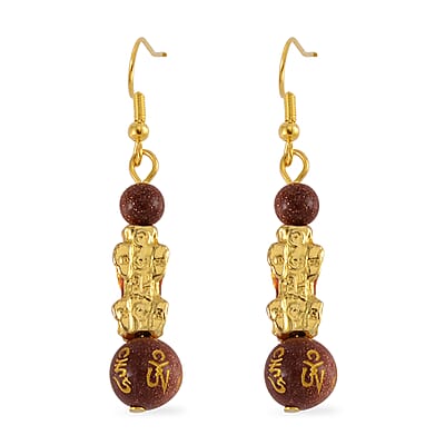 Feng Shui Gold Sandstone Beaded Pixiu Earrings in Goldtone 25.00 ctw