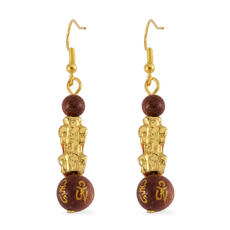 Feng Shui Gold Sandstone Beaded Pixiu Earrings in Goldtone 25.00 ctw