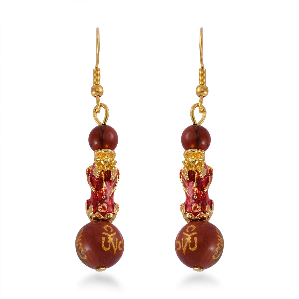 Feng Shui Red Jasper Beaded Pixiu Earrings in Goldtone 25.00 ctw image number 0