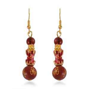 Feng Shui Red Jasper Beaded Pixiu Earrings in Goldtone 25.00 ctw