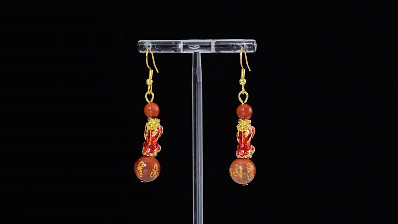 Feng Shui Red Jasper Beaded Pixiu Earrings in Goldtone 25.00 ctw