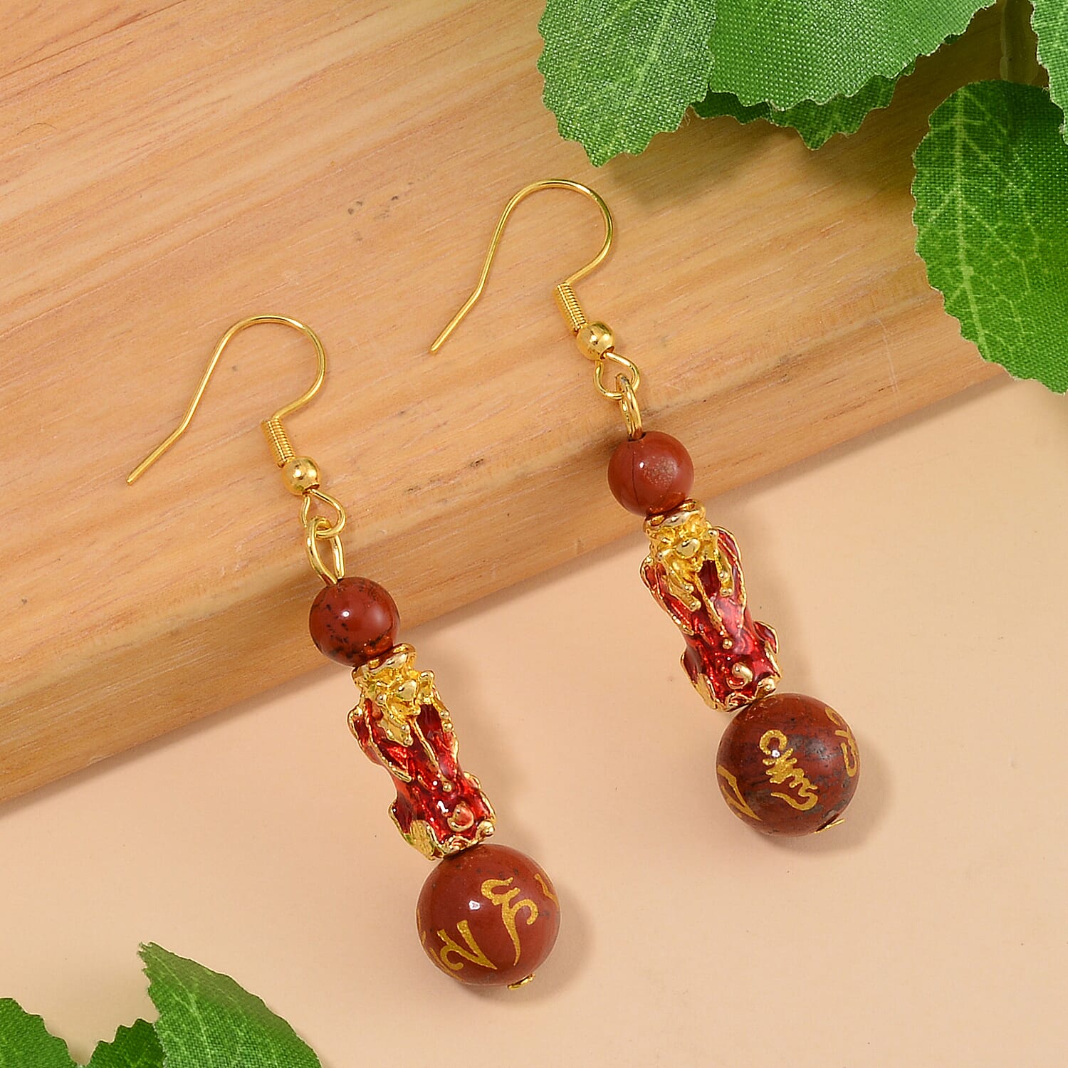 Feng Shui Red Jasper Beaded Pixiu Earrings in Goldtone 25.00 ctw