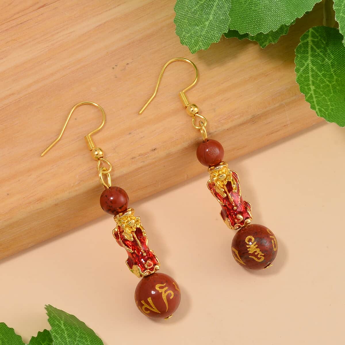 Feng Shui Red Jasper Beaded Pixiu Earrings in Goldtone 25.00 ctw image number 1