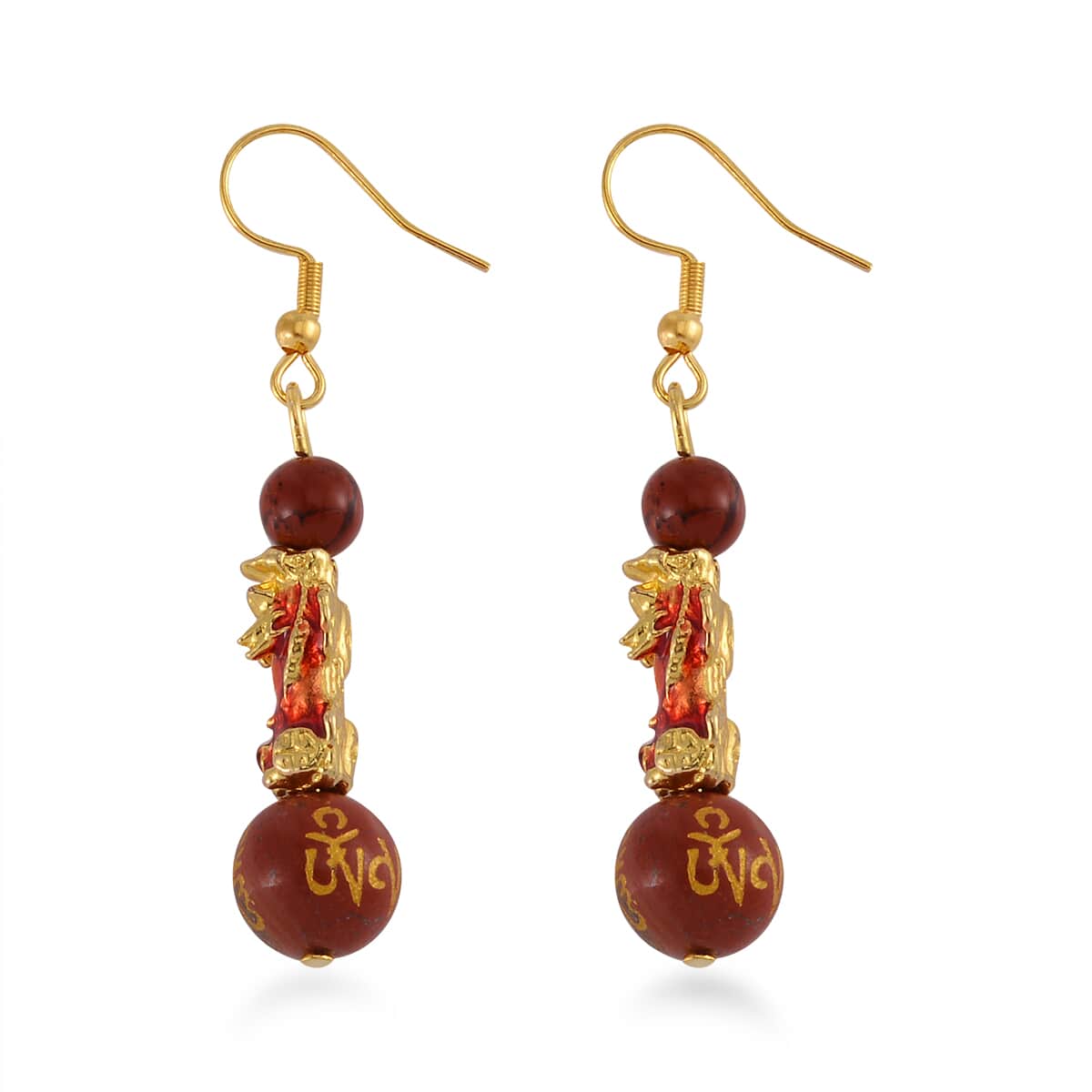 Feng Shui Red Jasper Beaded Pixiu Earrings in Goldtone 25.00 ctw image number 3