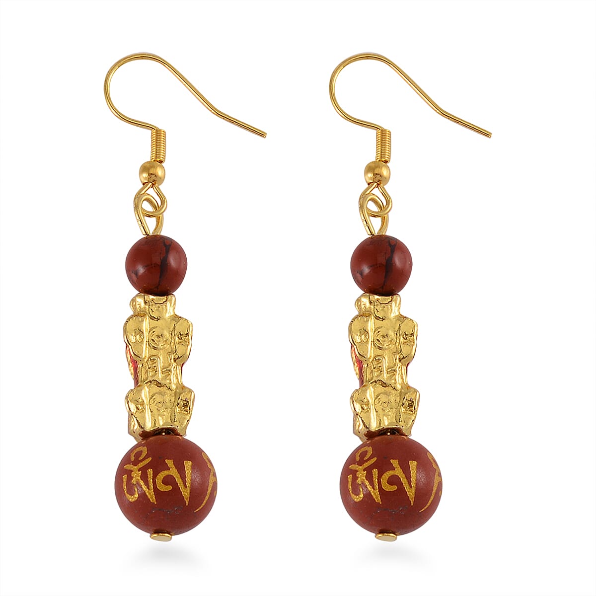 Feng Shui Red Jasper Beaded Pixiu Earrings in Goldtone 25.00 ctw