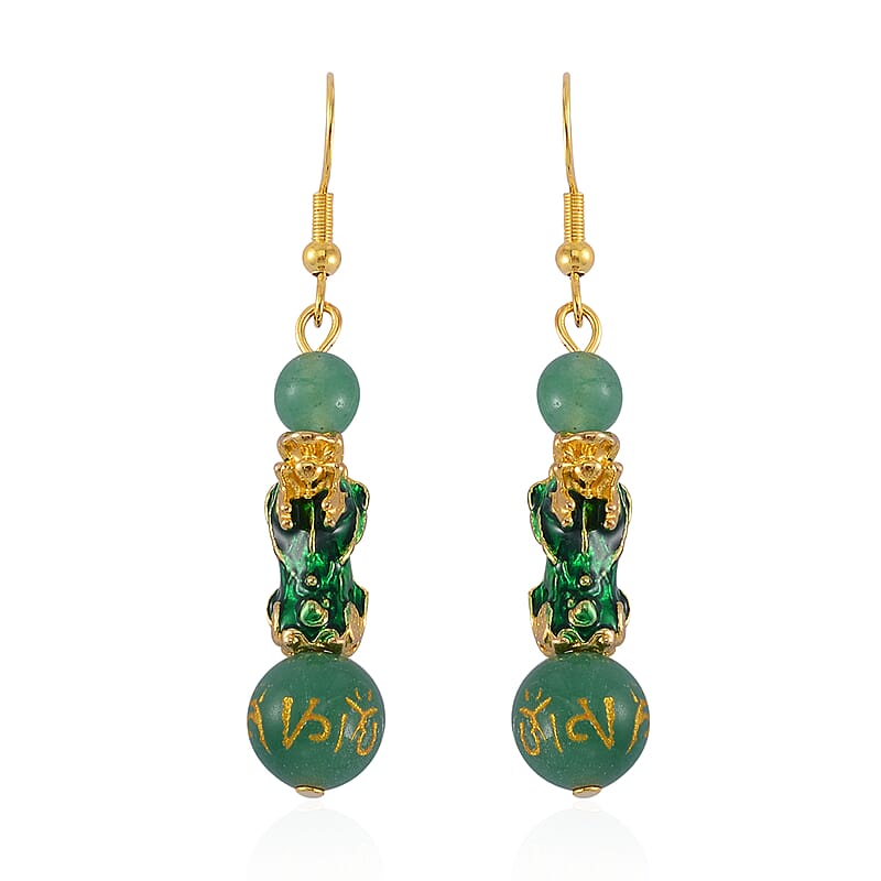 Feng Shui Green Aventurine Beaded Pixiu Earrings in Goldtone 25.00 ctw